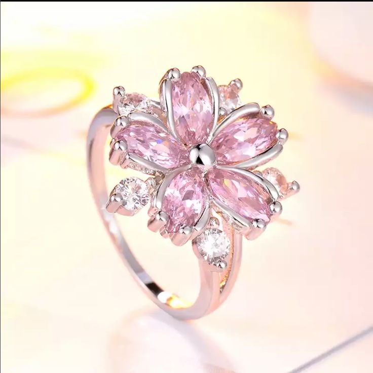 Simulated Sapphire Engagement Rings For Bride, Princess Engagement Rings, Rings For Bride, Cherry Blossom Ring, قلادات متدلية, Pink Wedding Rings, Inexpensive Jewelry, Gaun Fashion, Princess Ring