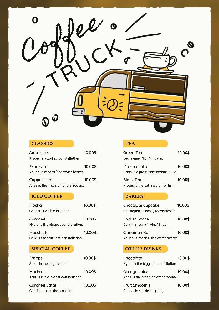 the coffee truck menu is shown in yellow