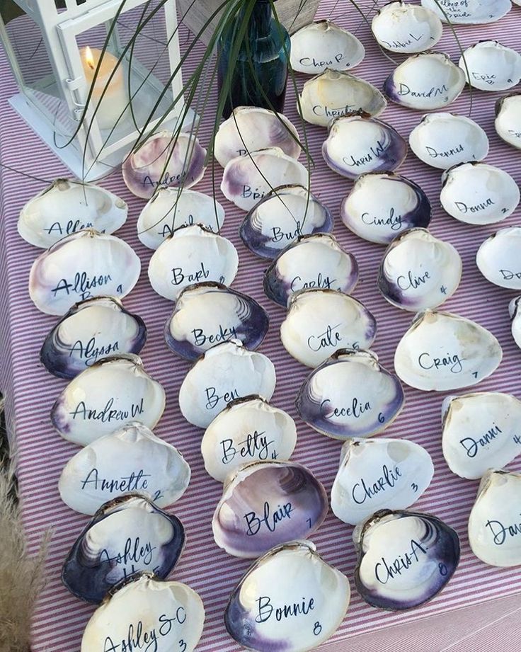 a table topped with lots of plates covered in names