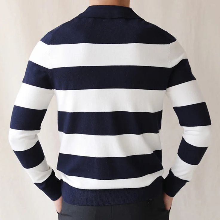 Oxford striped sweater made of premium quality materials and designed to keep you warm in cold seasons. It is available in a variety of colors and in all sizes, so you can choose any style that fits your personality like the casual or classy style. This men’s sweater features a striped pattern and is available in the following colors: Black,Navy Blue Benefits: Comfort & Breathable Style: Casual / Elegant Gender: Men Season: All Season Material: Acrylic Pattern Type: Striped Please check the size Classic Striped Polo Sweater With Ribbed Collar, Winter Horizontal Stripe Cotton Sweater, Winter Cotton Sweater With Horizontal Stripes, Cotton Sweater With Horizontal Stripes For Winter, Classic Striped Sweater With Ribbed Collar, Casual Long Sleeve Striped Sweater, White Long Sleeve Sweater With Horizontal Stripes, Winter Striped Cardigan, White Long Sleeve Polo Sweater With Striped Collar