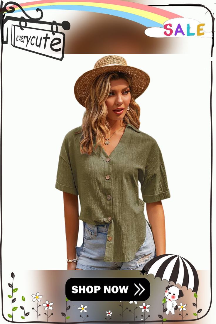 Army Green Side Split Button Short Sleeve Shirt Green Side, Short Sleeve Shirt Women, Side Split, Women Tops, Shirt Women, Shirt Sleeves, Army Green, Short Sleeve Shirt, Sleeve Shirt