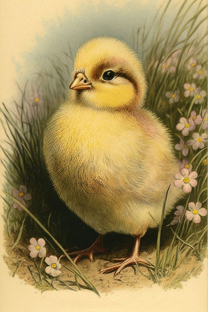 a small yellow bird sitting on top of a grass covered ground next to some flowers