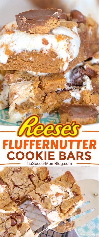 several desserts stacked on top of each other with the words reese's fluffernuter cookie bars