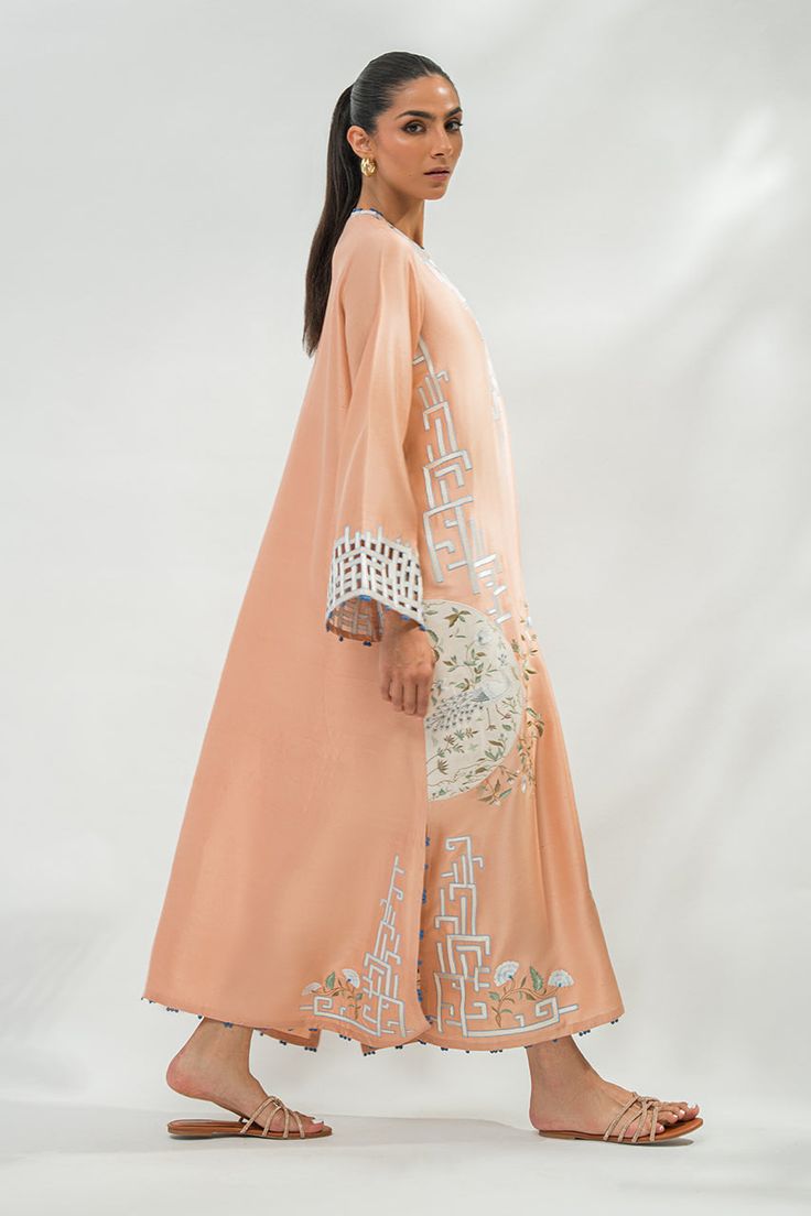 Yema (A) Spring Silk Kaftan With Resham Embroidery, Pink Resham Embroidery Kaftan For Wedding, Summer Straight Kurta Dress With Embroidered Sleeves, Designer Pink Kurta For Spring, Spring Designer Wear Kurta With Embroidered Border, Designer Spring Kurta With Embroidered Border, Spring Designer Pink Kurta, Designer Spring Pink Kurta, Silk Maxi Sets For Spring