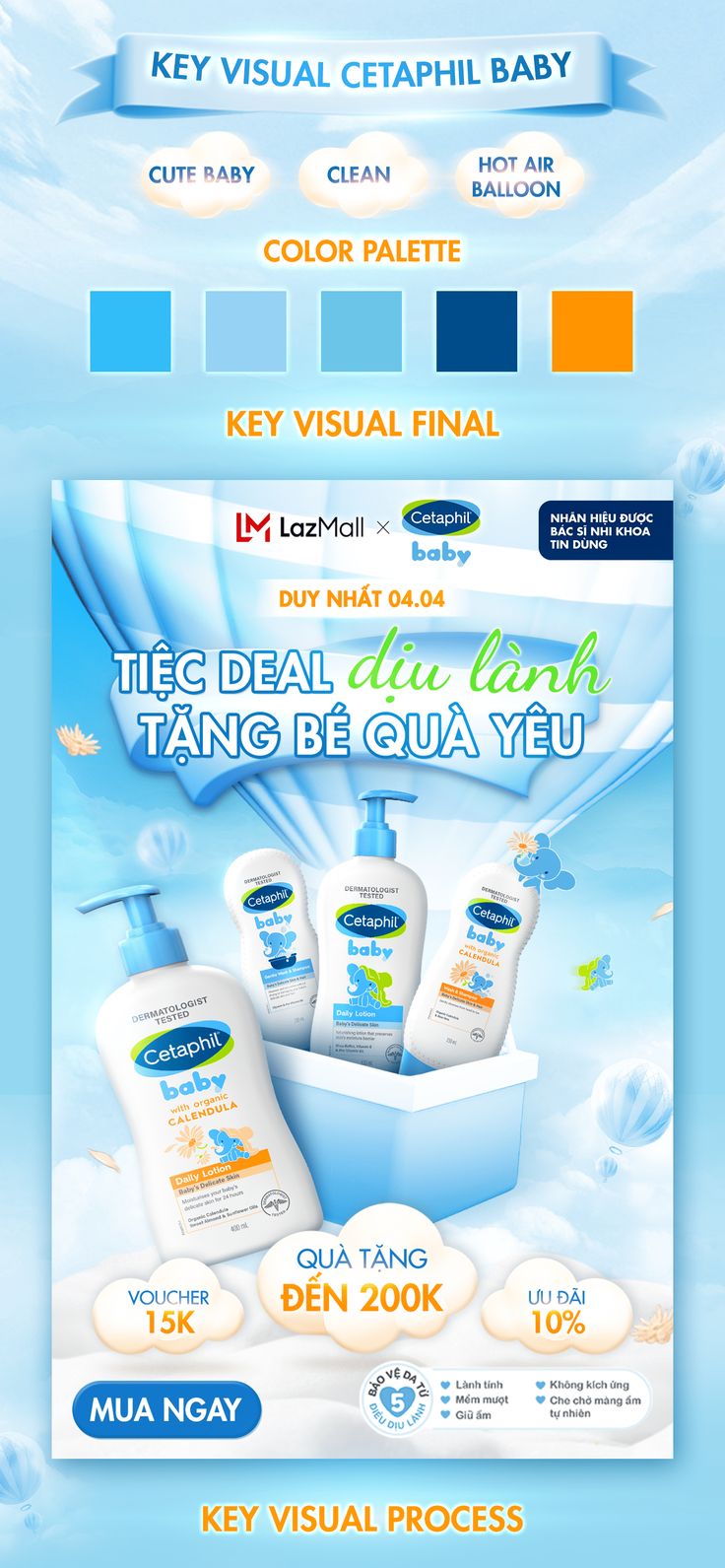 an advertisement for baby products with blue water and clouds in the background