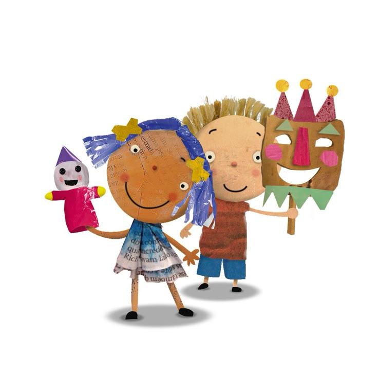 two children holding up a paper mask and an object in the shape of a face