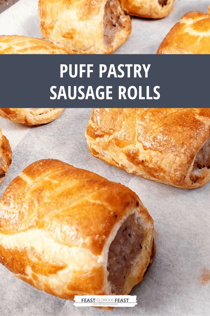 puff pastry sausage rolls on a baking sheet with the words puff pastry sausage rolls above them