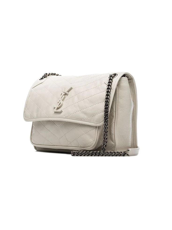 white leather chain shoulder strap foldover strap snap closure internal slip pocket silver tone YSL logo Made in Italy Ysl Logo, Crossbody Clutch, Leather Chain, Casual Backpack, Medium Bags, Chain Bags, Casual Bags, Clutch Wallet, White Leather