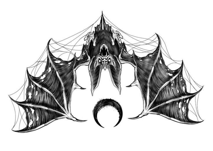 a black and white drawing of a bat with large fangs on it's wings