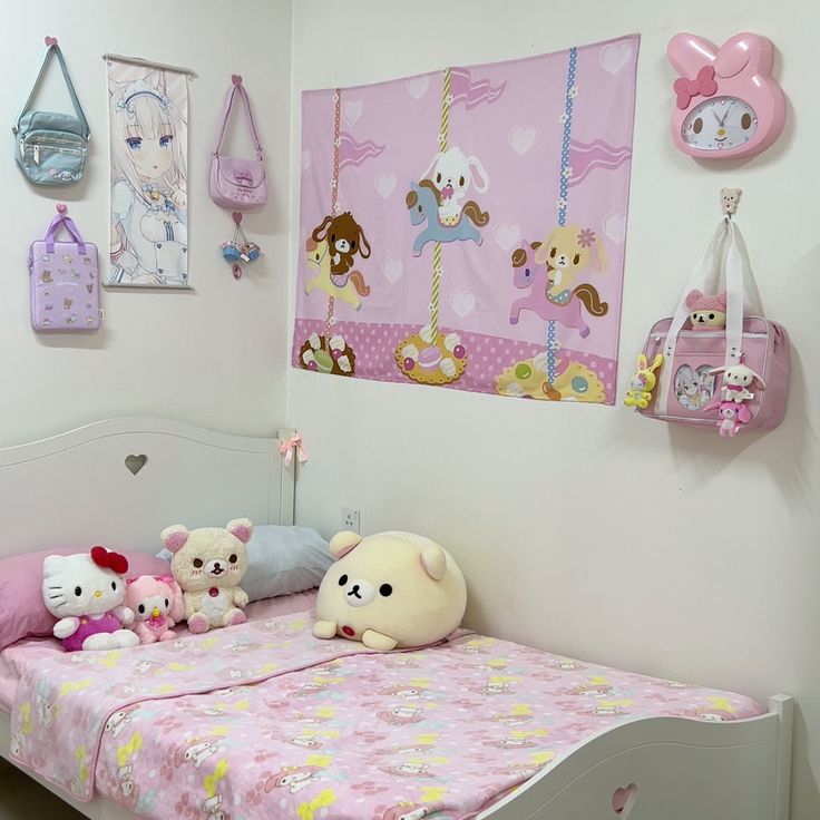 there are many stuffed animals on the bed in this child's room with pink walls