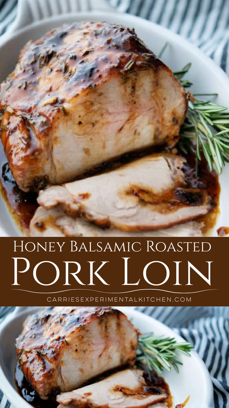 honey balsamic roasted pork loin in a white bowl