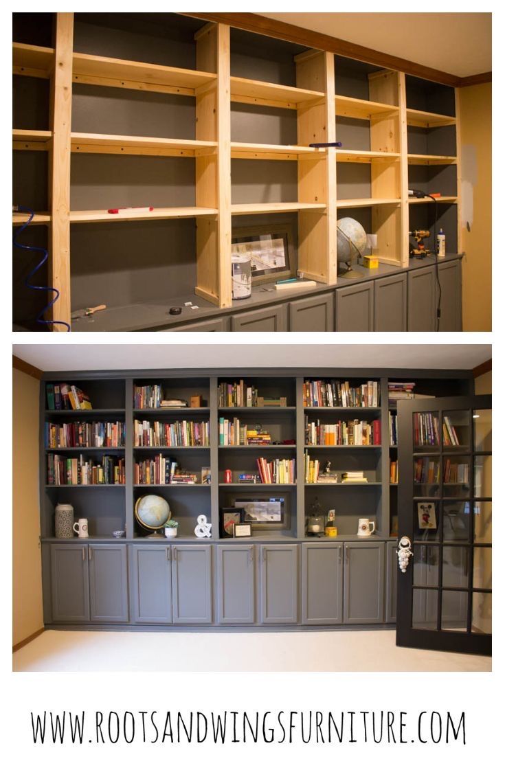 two pictures side by side with the same bookshelf in different stages of being built