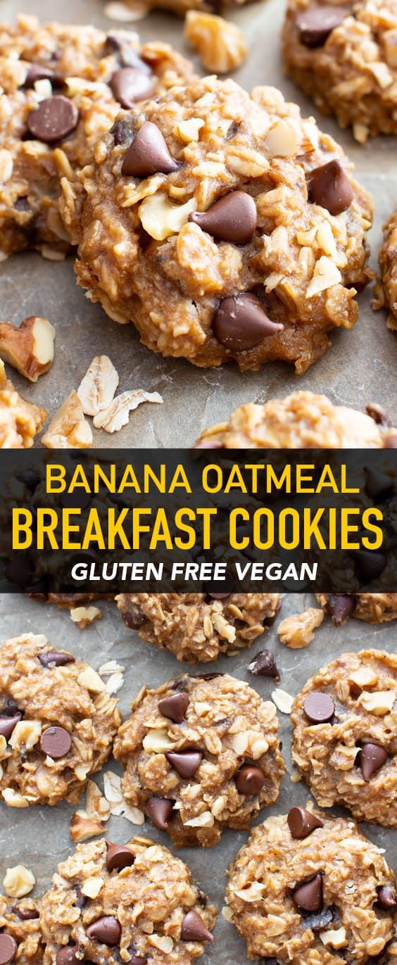 banana oatmeal breakfast cookies with chocolate chips on top and text overlay