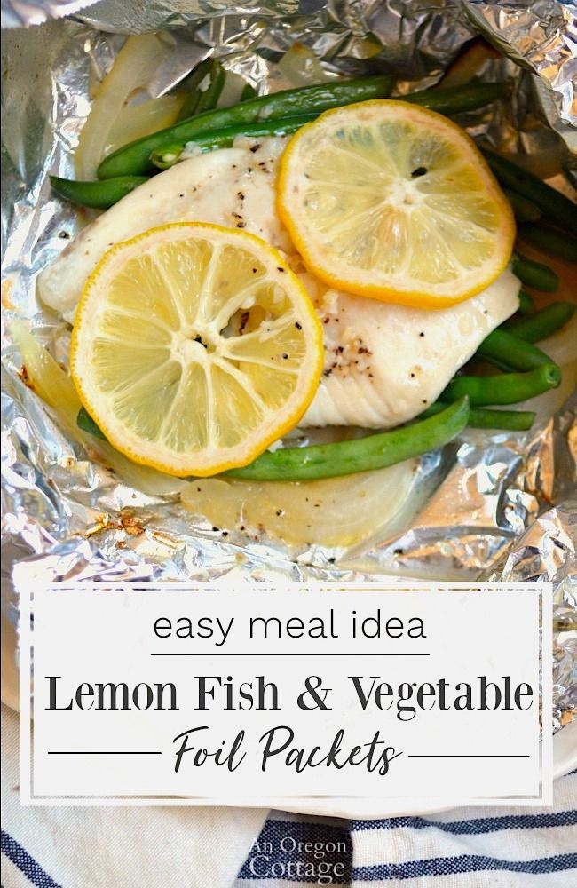 lemon fish and vegetable foil packets with text overlay