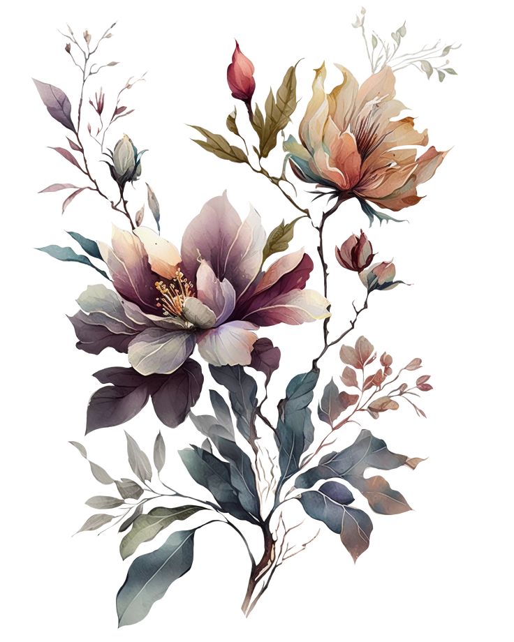 watercolor painting of flowers and leaves on a white background