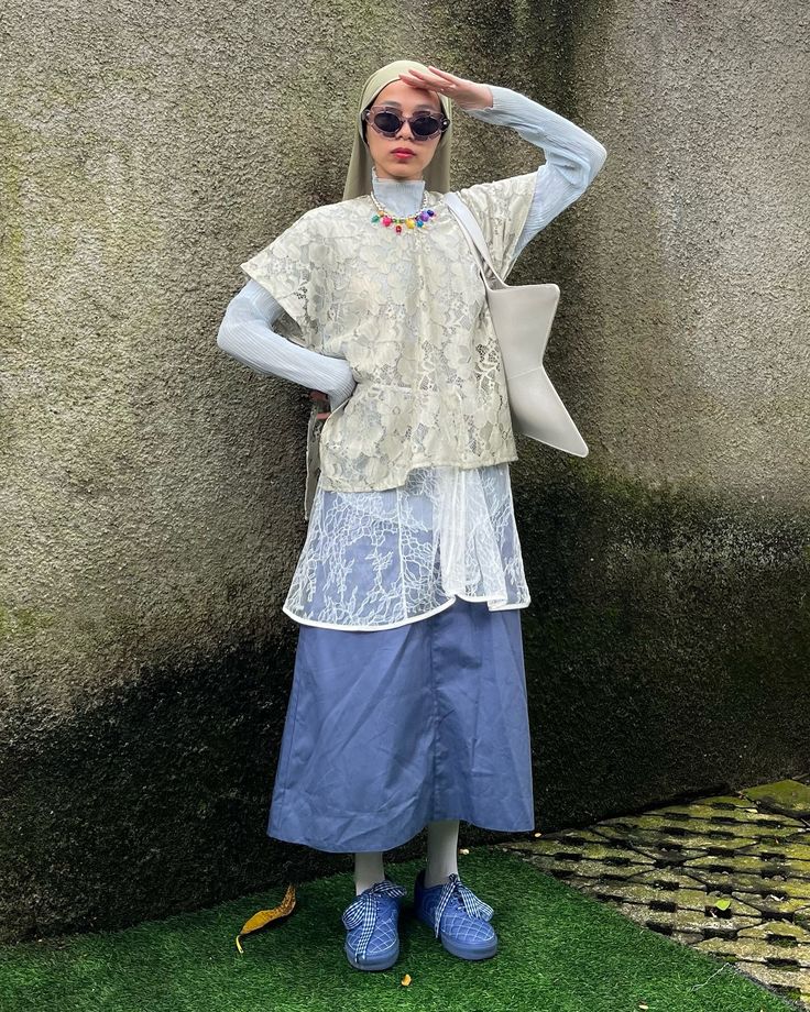 this week was a roller coaster ride for me, but I hope you all had a great time and got the rest u need for facing Monday 🤍🤍 outfit deetz: blue sheer top —— thrifted pistachio lace top —— @daybydei__ blue skirt —— @dickies lace white skirt —— @callie.cotton shoes —— @vans.indo x @openingceremony . . . . . . . outfit rotation. outfit repeater. layering style. modest fashion. semi maximalist. multiway fashion. casual look. vintage clothing. secondhand fashion. outfit inspo. style inspira... Layering Sheer Tops Outfit, Lace White Skirt, Sheer Top Outfit, Blue Sheer Top, Maximalist Outfits, Outfit Rotation, Outfit Repeater, Monday Outfit, Layering Style