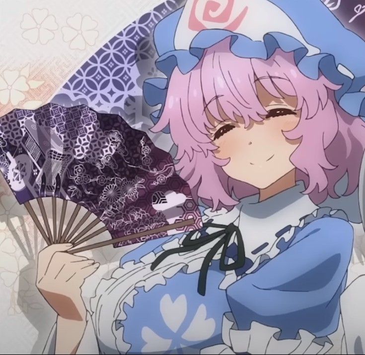 an anime character with pink hair holding a fan