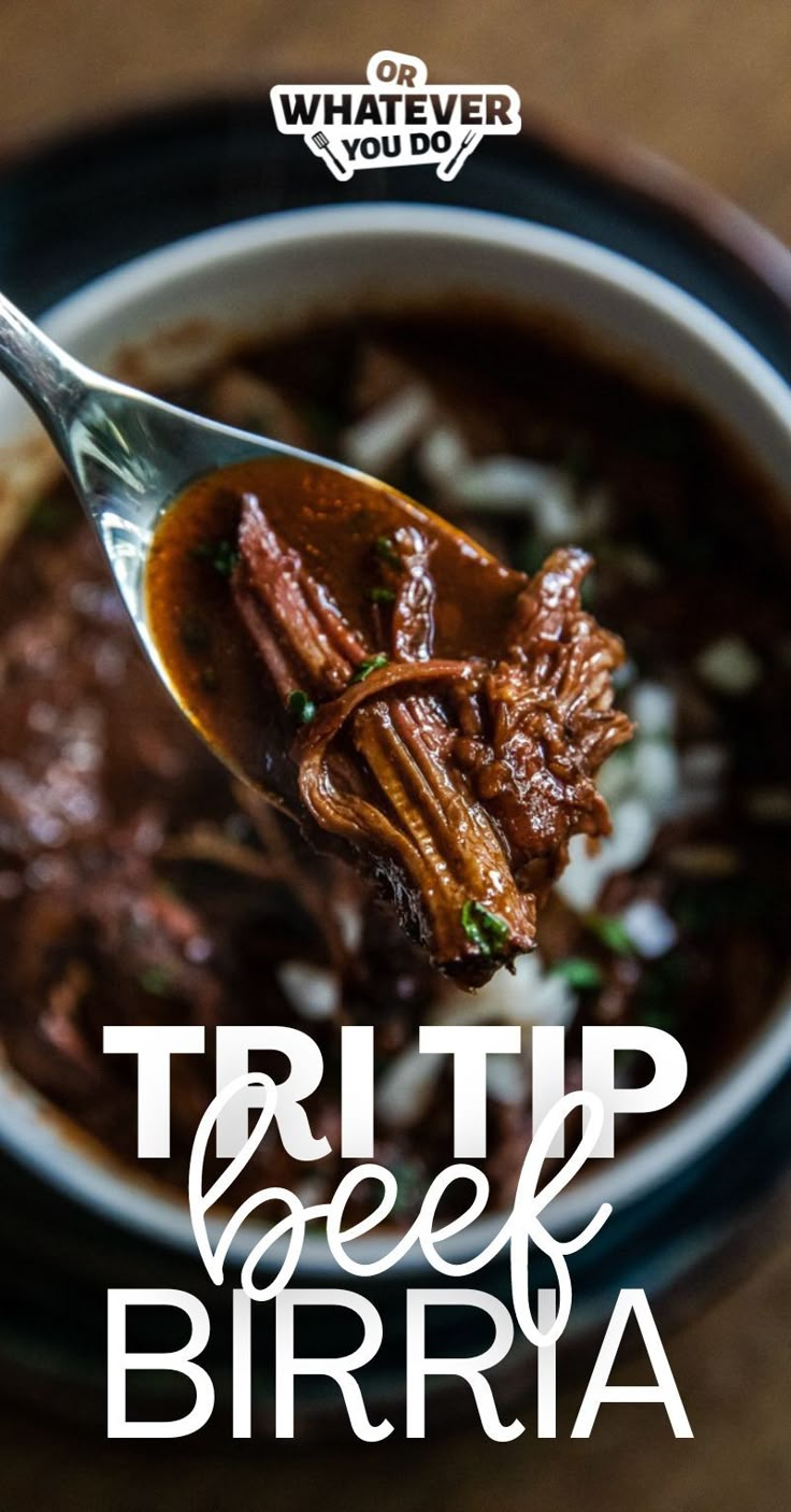 a spoon full of beef and rice in a bowl with the words, tri tip cook bi