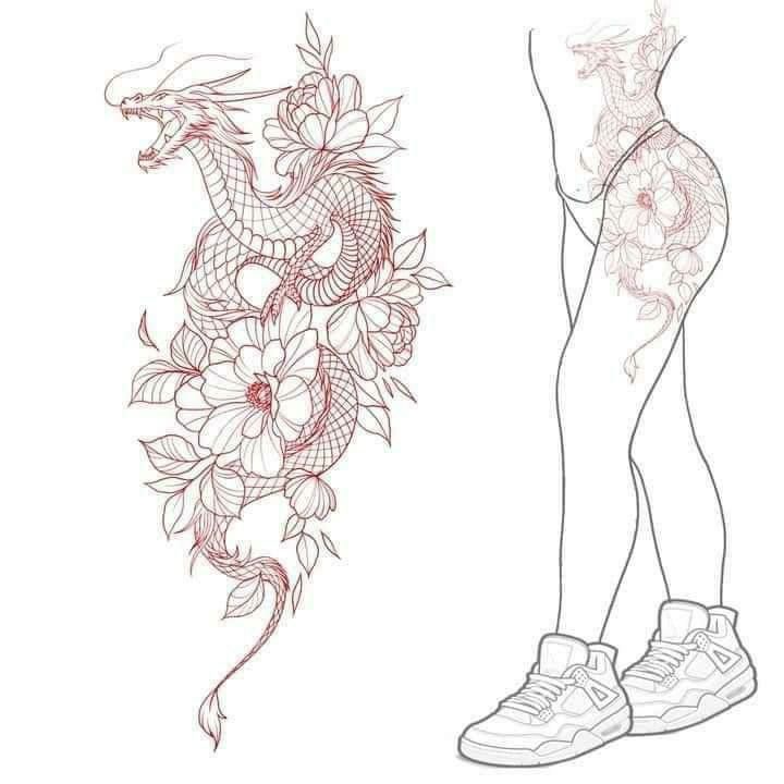 a drawing of a woman's leg with flowers and a dragon tattoo on it