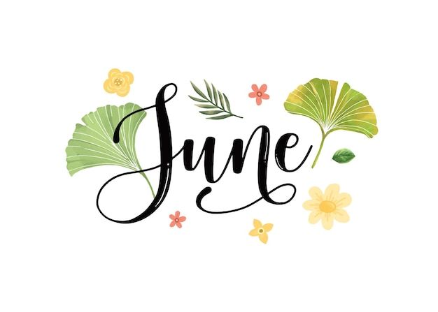 the word june written in cursive calligraphy with flowers and leaves around it