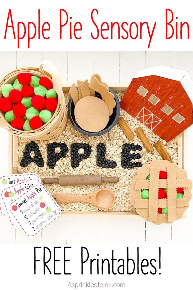 an apple pie activity bin with free printables for toddlers to play in