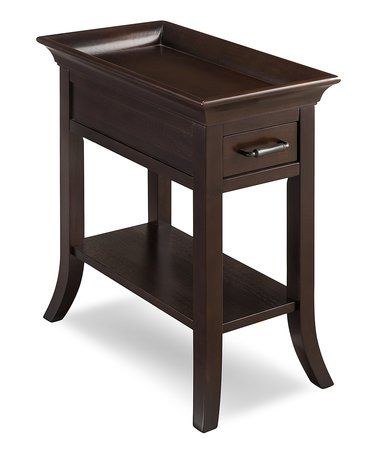 a small wooden table with two drawers on one side and an open drawer on the other