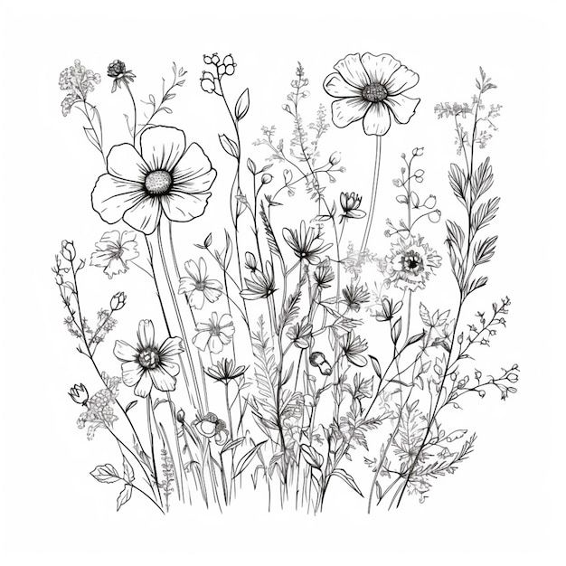 an ink drawing of wildflowers and daisies