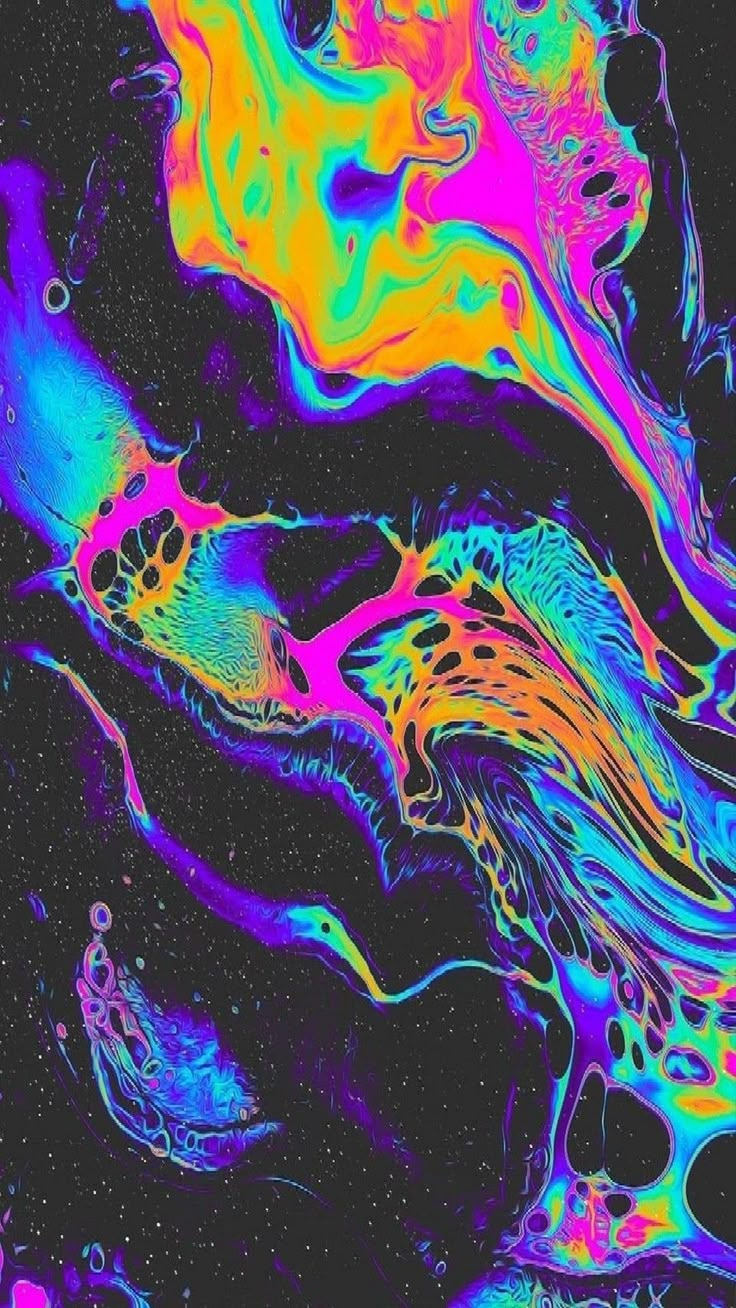 an abstract painting with multicolored lines and bubbles in the water on a black background