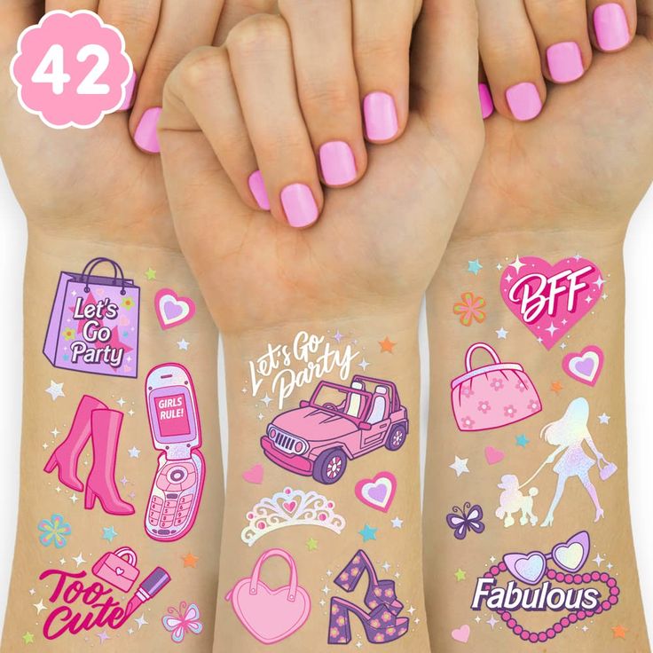 three girls with pink nails and tattoos on their arms