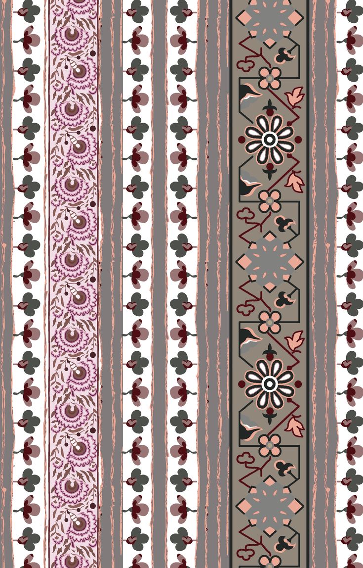 a striped pattern with flowers and hearts on the bottom, in pinks and browns