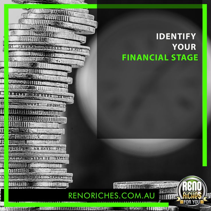 a stack of coins with the words identify your financial stage on it in green and black