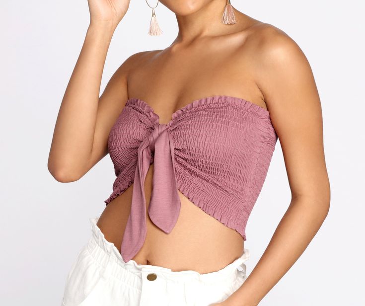 Smocked Tie Front Tube Top Shoulder Tops Outfit, Daily Fits, Tops Outfit, Simple Tops, Homecoming Outfits, Simple Clothing, Top Jeans, Strapless Sweetheart Neckline, White Bikinis