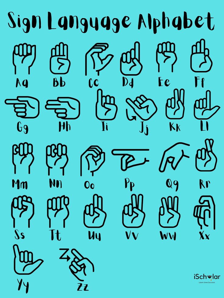 the sign language alphabet is shown in black on a blue background, with hand gestures