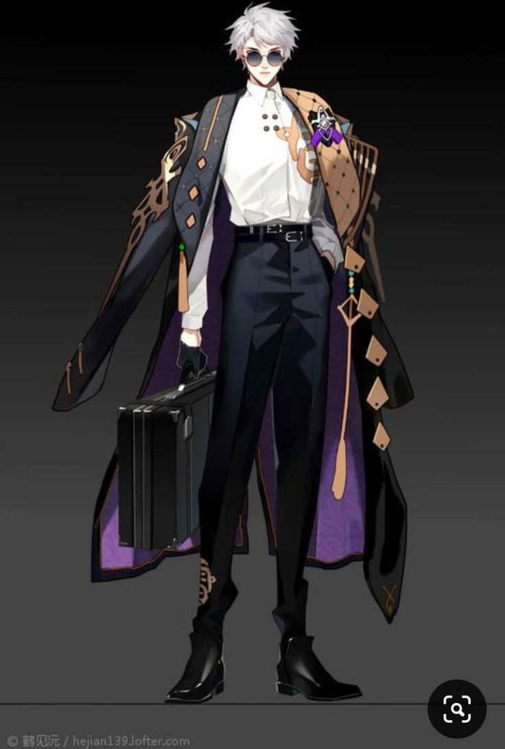 an anime character with white hair and black pants, holding a briefcase in his hand