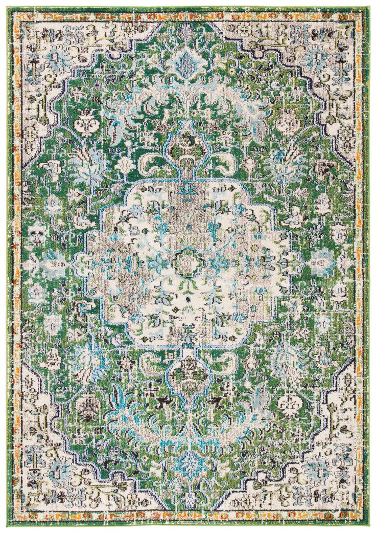 a green and white rug with an ornate design on the middle, in front of a white background