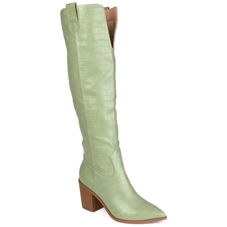 Are you a city or a country lover? Channel both with the Therese by Journee Collection. This pointed-toe boot with a block heel is the perfect way to finish your fall outfits. This look borrowed from the wild west features croc textured vegan leather and a 4 mm Tru Comfort Foam™ insole for a comfortable fit. At Journee Collection, our boot styles will have your outfit looking even better than before. They will give you that finishing touch that will have your outfit looking straight out of a mag Extra Wide Calf Boots, Heel Knee High Boots, Heel Boot, Boot Style, Pointed Toe Boots, Tall Boot, Pointed Heels, Wide Calf Boots, Block Heel Boots