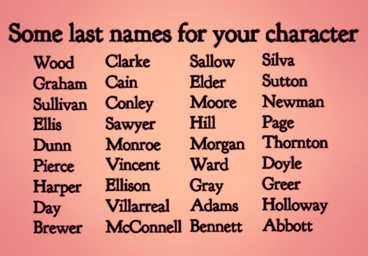 Text:  Some Last Names for Characters.
Sallow, Elder, Moore, Hill, Morgan, Ward, Gray, Adams, Bennett, Wood, Graham, Sullivan, Harper, Day, Brewer, Silva, Sutton, Newman, Page, Thornton, Doyle, Greer, Holloway, Abbott, Monroe, Vincent, Ellison, Villarreal, McConnell, Sawyer, Dunn, Pierce, Cain, Conley, Ellis, Clarke Character Names Last Name, Fictional Last Name Ideas, Good Surnames For Characters, Cute Last Names For Characters, List Of Names For Characters, Name And Surname Ideas, List Of Last Names For Characters, Writing Prompts Names, Name Ideas For Story Characters