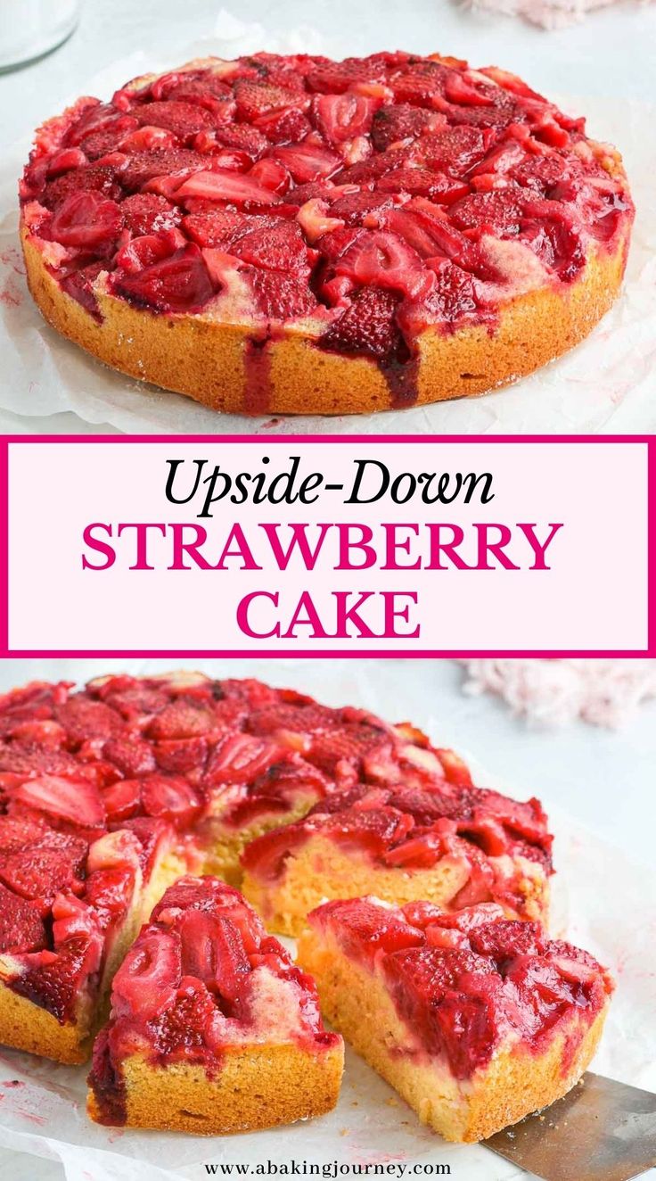 upside down strawberry cake on a white plate with a slice cut out and ready to be eaten