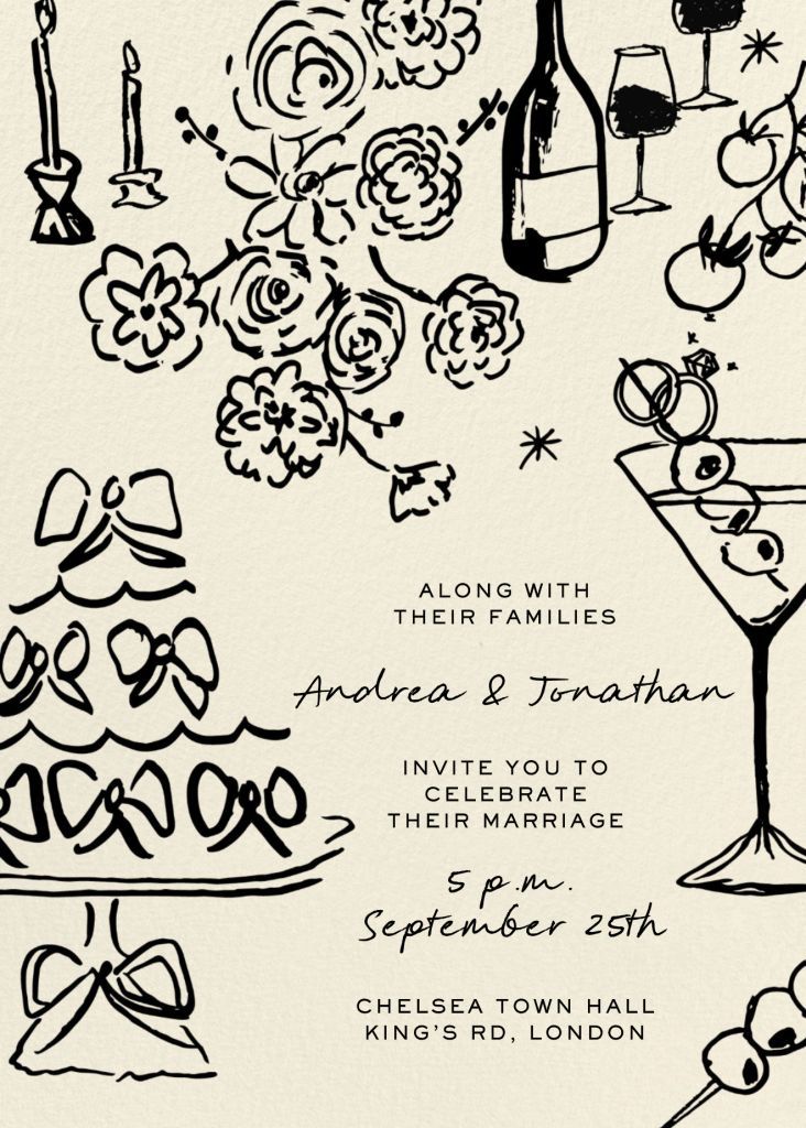 an image of a wedding card with wine glasses and flowers on it in black ink