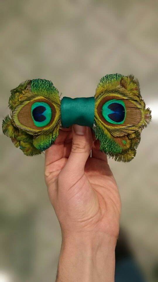 a hand holding a green bow with peacock feathers on it