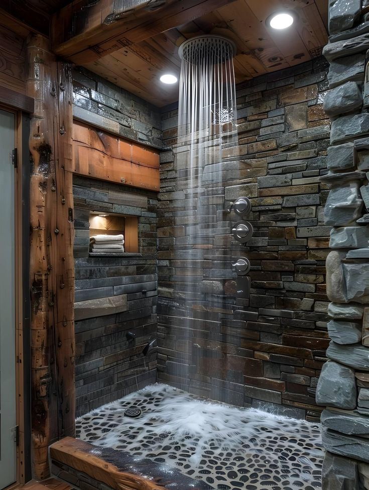 a shower head in the middle of a room with stone walls and wood flooring