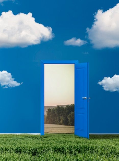 an open door in the middle of a grassy field with blue sky and clouds behind it