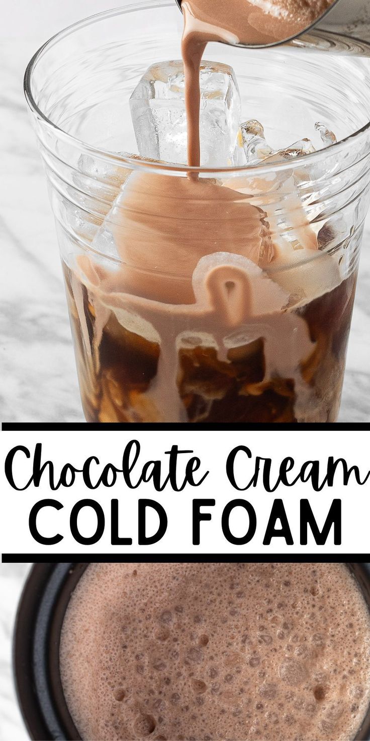 chocolate cream cold foam being poured into a cup