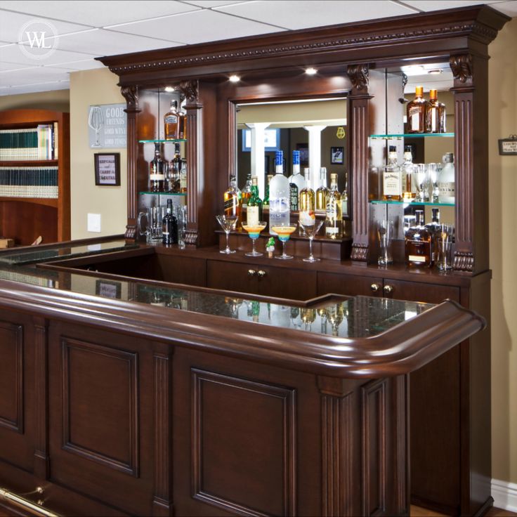 custom-man-cave-design Corner Bar Area In Home, Bar Unit Design, Indoor Bars For Home, Emerald Green Bar, Dark Wood Bar, Henna Design Tutorial, Wooden Home Bar, Liquor Cabinet Bar, Mahogany Bar