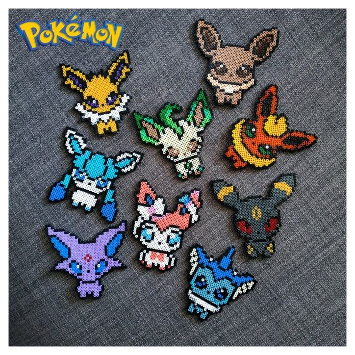 the pokemon characters are all made out of pixelo beads and plastic threads, with different colors