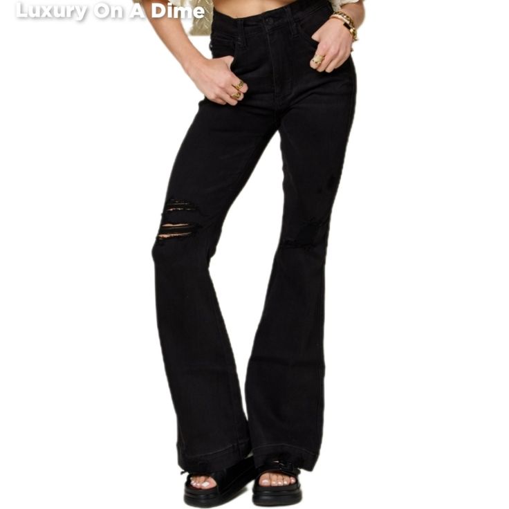 Distressed Tummy Control High Waist Skinny Denim Flare Bell Bottom Jean Pants * Plus Size Only These Jean Pants Have Everything You Need And More For A Unique Retro Touch With A Contemporary Upgrade. Features Tummy Control Technology Providing A Figure Flattering Slimming Effect. The High-Waist Offers Functionality And Elongates The Silhouette Preventing Muffin Top. Distressed Torn Knees, Pocket And Other Small Areas Give A Lived-In Bohemian Edgy Aspect. Skinny Slim Fit Gives A Sleek Classic Loo Dark Wash Mid-rise Bottoms For Night Out, Mid-rise Ripped Dark Wash Flare Jeans, Dark Wash Ripped Mid-rise Flare Jeans, Dark Wash Mid-rise Ripped Flare Jeans, Edgy Ripped Flare Jeans For Fall, Mid-rise Distressed Flare Jeans For Summer, High Rise Grunge Flare Jeans For Fall, Ripped Stretch High Rise Jeans, High Rise Ripped Fitted Jeans