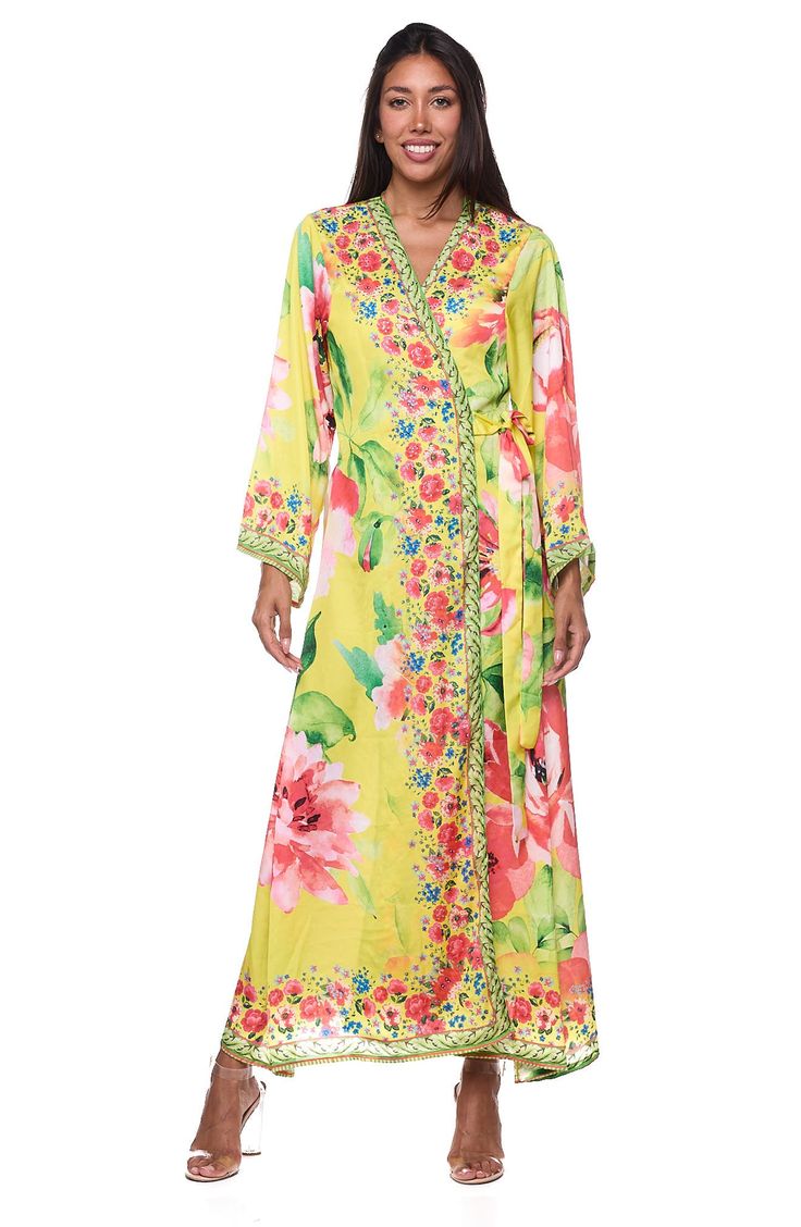 Go from beach to boardwalk in this sun-ready cover-up duster that's secured with a front tie and rendered in a bright print. Shawl collar Long sleeves Integrated waist tie 100% polyester Hand wash, dry flat Imported Multicolor Print Kimono For Spring Beach Cover-up, Multicolor Long Robe For Vacation, Multicolor Long Sleeve Beach Robe, Summer Long Sleeve Multicolor Robe, Long Sleeve Multicolor Robe For Summer, Long Sleeve Multicolor Summer Robe, Multicolor Long Sleeve Summer Robe, Multicolor Open Front Robe For Spring, Spring Multicolor Open Front Robe