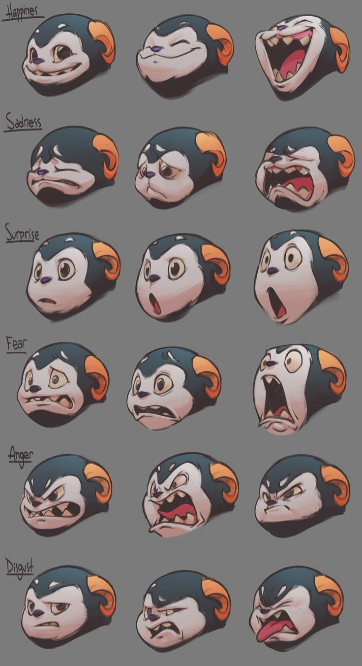 an animation character's face expressions in various poses, with different facial expressions on them