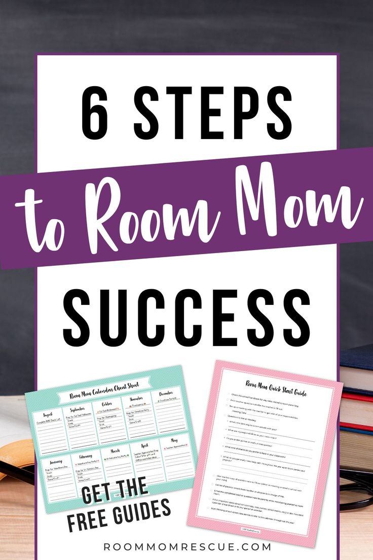 a blackboard with the text 6 steps to room mom success on it and an image of