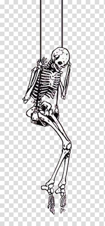 a skeleton sitting on a swing with its head down and arms out to the side